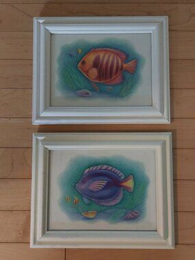 2 Cute White Wood Framed Fish Art Prints - Buy One Get One FREE!